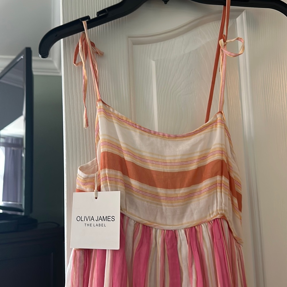 Olivia James The Label Malin dress pink and coral wide stripe
